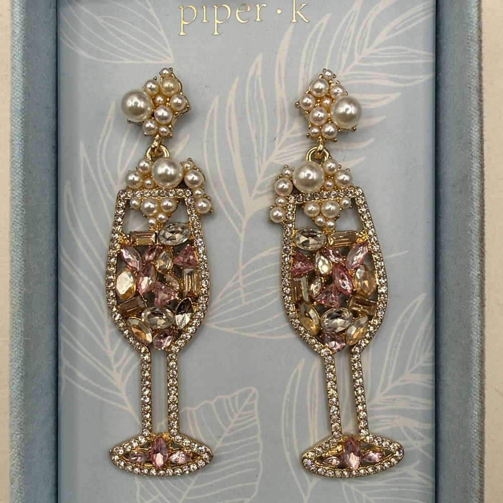 NWT Piper K Champagne Drink Glass Earring Dangle Drop Jewel Cheers Party Wedding - Picture 2 of 9
